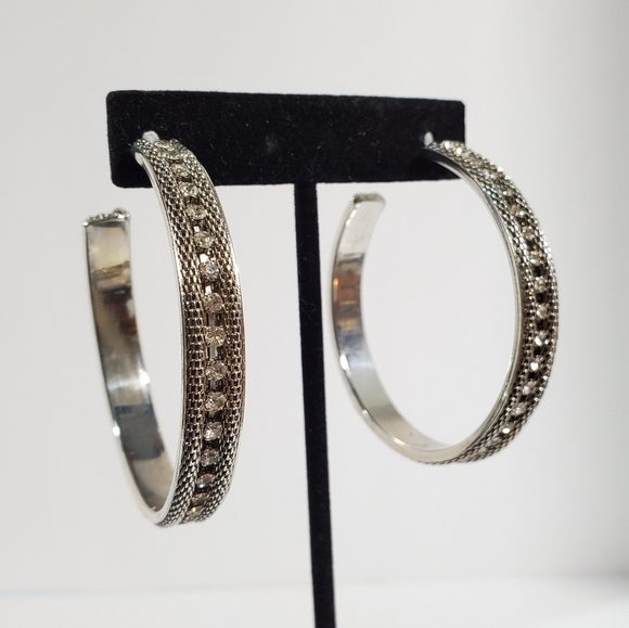 Silvertone large mesh and rhinestones inlay hoop bangle earrings 2" - Picture 1 of 10